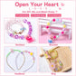 Children DIY beaded jewelry kit with necklace, bracelet, headband and ring samples.