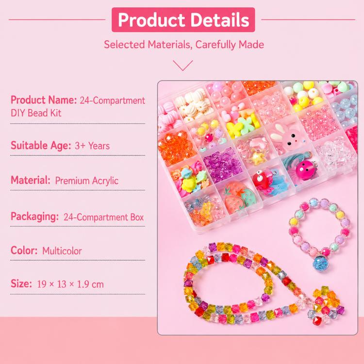 24-compartment DIY bead kit box with colorful beads and heart-shaped bracelet.