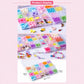 Multi-color bead kit display with separated compartments and finished bracelets.