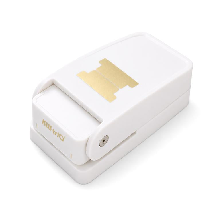 White index tab puncher with built-in slot and gold alignment template inside