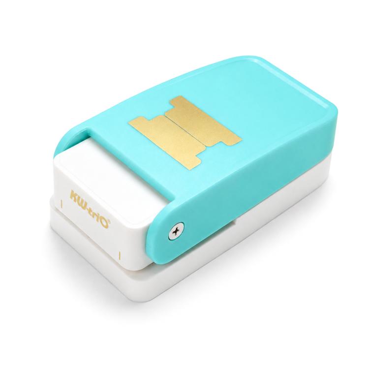 Turquoise index tab puncher with side handle and gold alignment guide