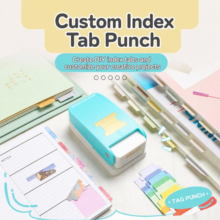 Blue index tab puncher with paper index tabs and guide rails