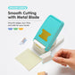 Teal index label puncher cutting metal blade, making burr-free edges from paper