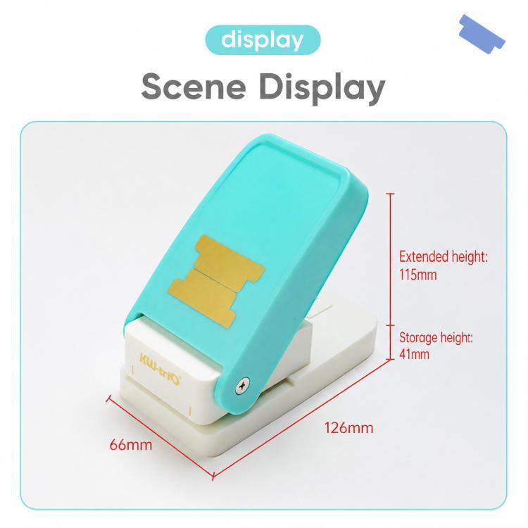Teal label puncher on base, angled view with metal guide block visible