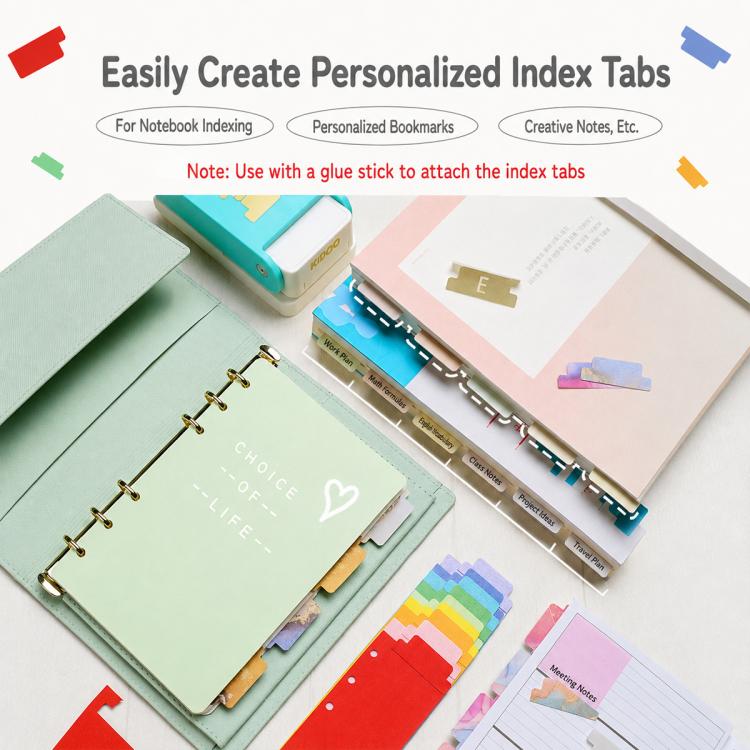 Turquoise label tab puncher for notebook indexing, bookmarks, and notes