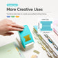 Hand holding turquoise index tab puncher next to label size measurement