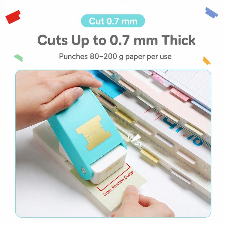 Turquoise index tab puncher with hand inserting paper into the punch slot