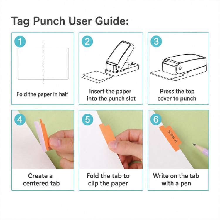 Index tab punch user guide diagram showing folding and pressing steps