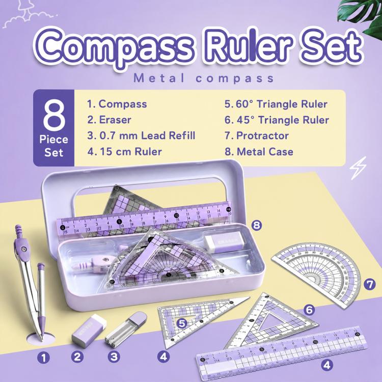 8PCS / Set Anti-myopia Compass and Ruler Set For Students