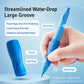 Blue correction mechanical pencil held in hand, rounded grip and exposed tip