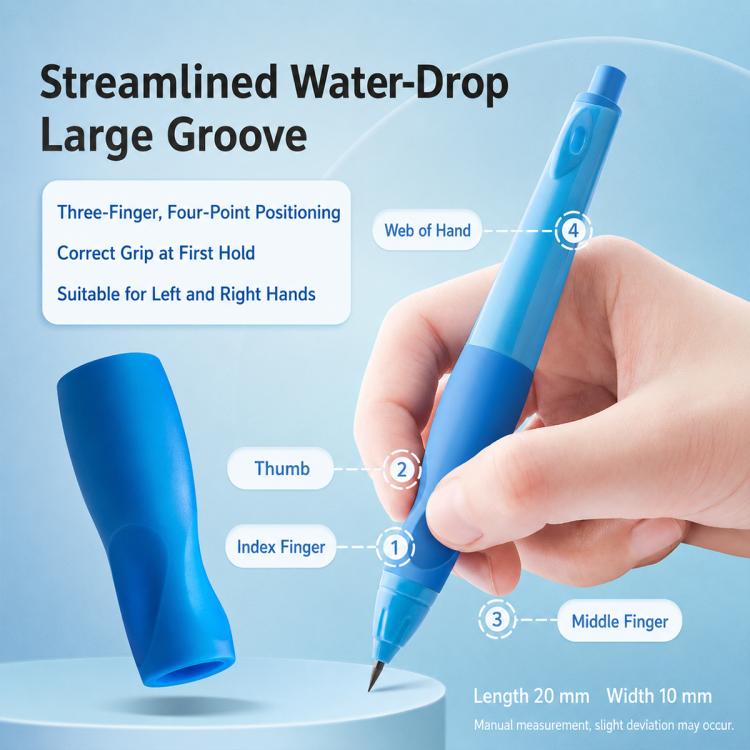 Blue correction mechanical pencil held in hand, rounded grip and exposed tip