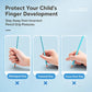 Children’s correction pencil grip shown in hands, blue pencil in each pose