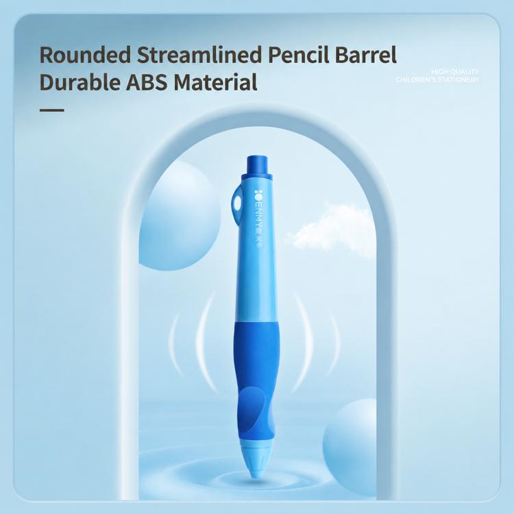 Blue correction pencil shown standing, rounded streamlined barrel shape