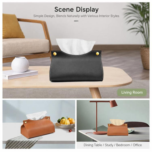 Black PU leather tissue box holder with tissue paper visible inside the opening.
