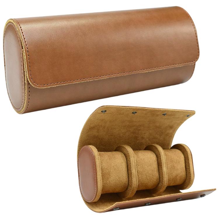 Brown three-slot vintage leather watch case with snap-closure and padded inner holders