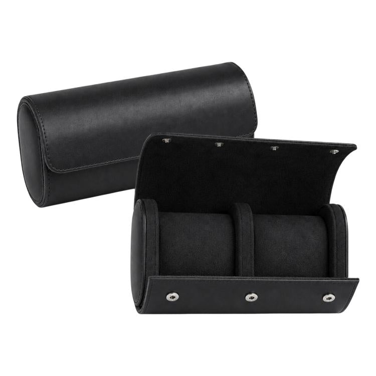 Black two-slot vintage leather watch storage case with snap-closure and inner watch pillows