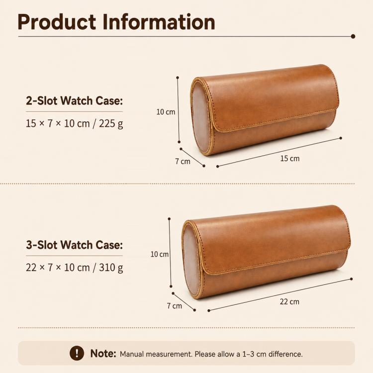 Tan leather watch storage case with two- and three-slot compartment shown