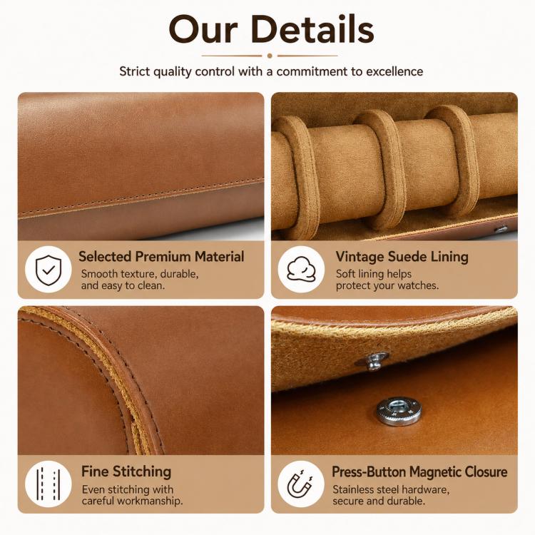 Tan leather watch case with suede lining, stitched edges, and magnetic snap closure