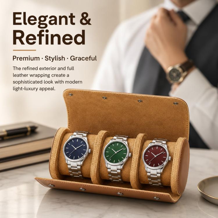 Tan leather three-slot watch case open with three watches inside