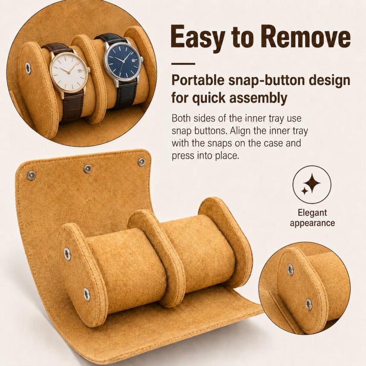 Tan suede-lined two-slot watch case with snap-button inner tray