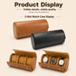 Leather watch storage case in brown and black, roll-top with three slots
