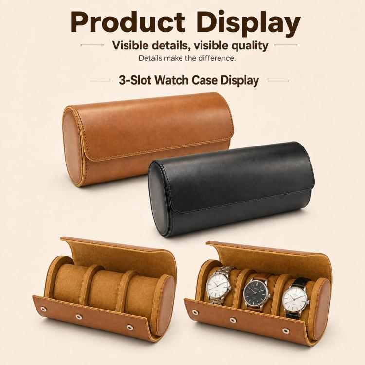 Leather watch storage case in brown and black, roll-top with three slots