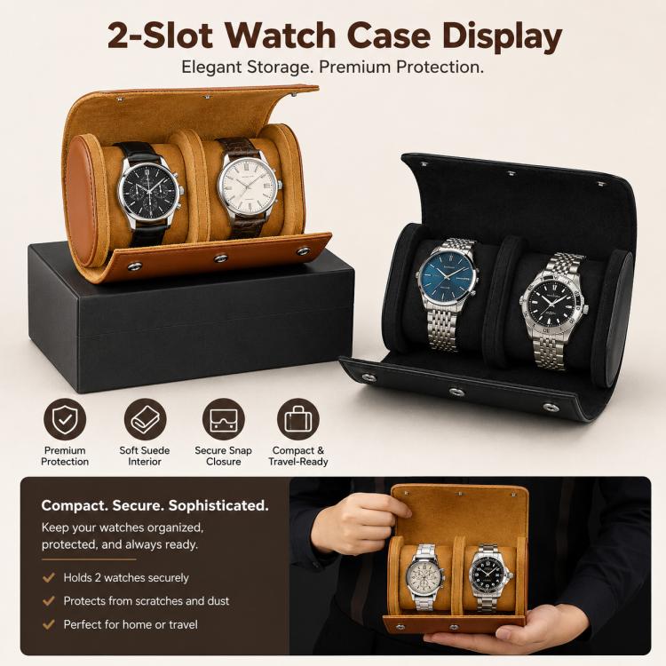 Brown and black two-slot leather watch case with cushioned watch holders, open