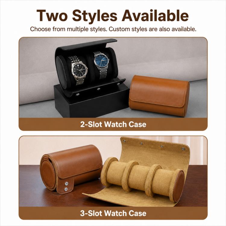 Two-slot black and three-slot brown leather watch cases in roll-top design