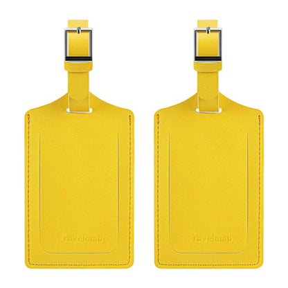 Pair of yellow PU leather luggage tags with metal buckle and stitched edge.