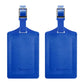 Pair of blue PU leather luggage tags with metal buckle and stitched edge.