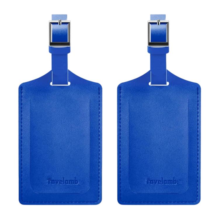 Pair of blue PU leather luggage tags with metal buckle and stitched edge.