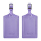 Pair of purple PU leather luggage tags with metal buckle and stitched edge.