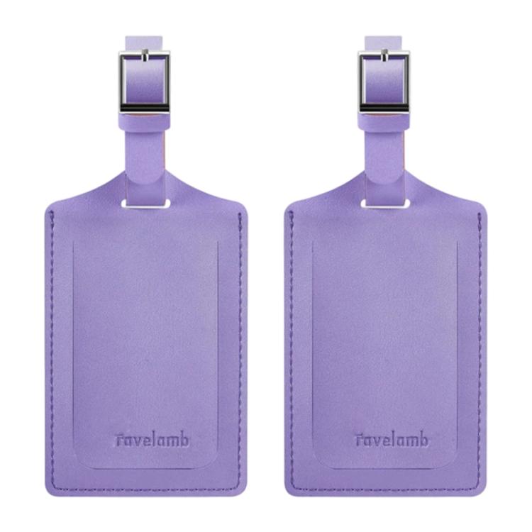 Pair of purple PU leather luggage tags with metal buckle and stitched edge.