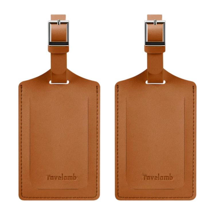 Pair of brown PU leather luggage tags with metal buckle and stitched edge.