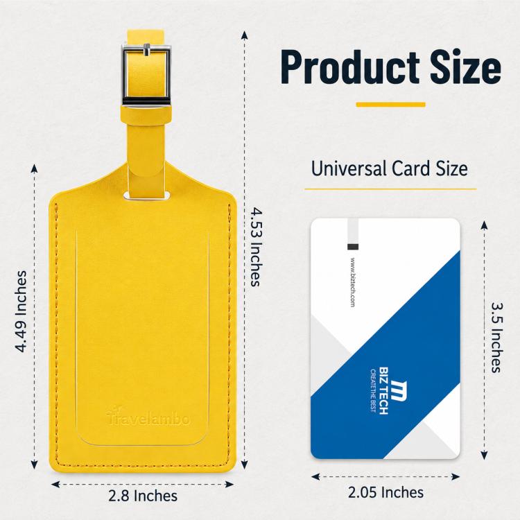 Yellow PU leather luggage tag pair with size diagram and metal attachment.