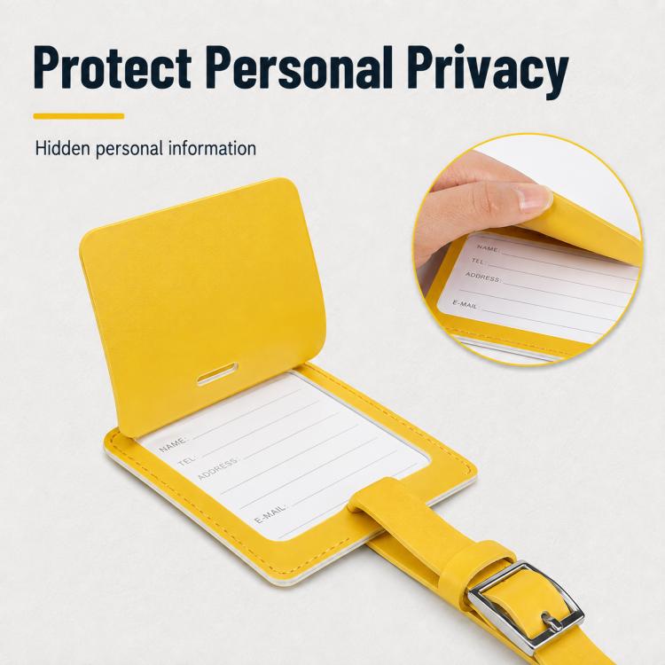 Open yellow PU leather luggage tag with card window and privacy flap.