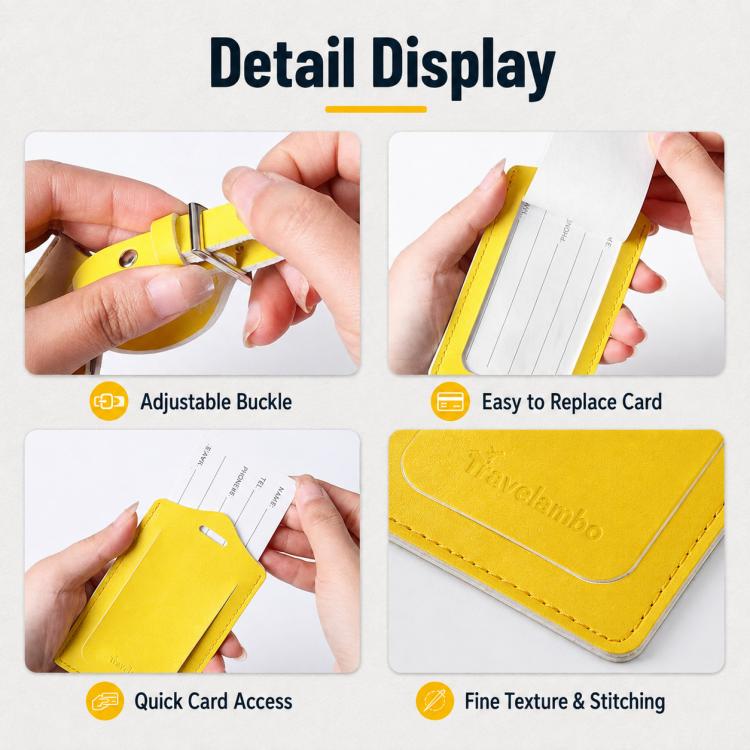 Yellow PU leather luggage tag with adjustable metal buckle and card slot.