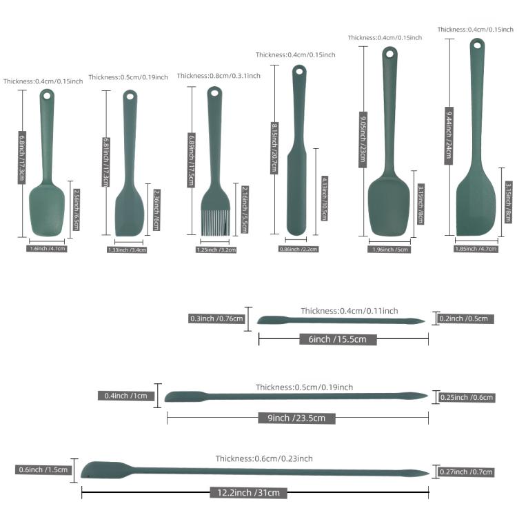 Silicone baking utensil set showing multiple tool shapes and lengths