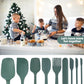 Green silicone baking tool set with spatula, ladle, and oil brush