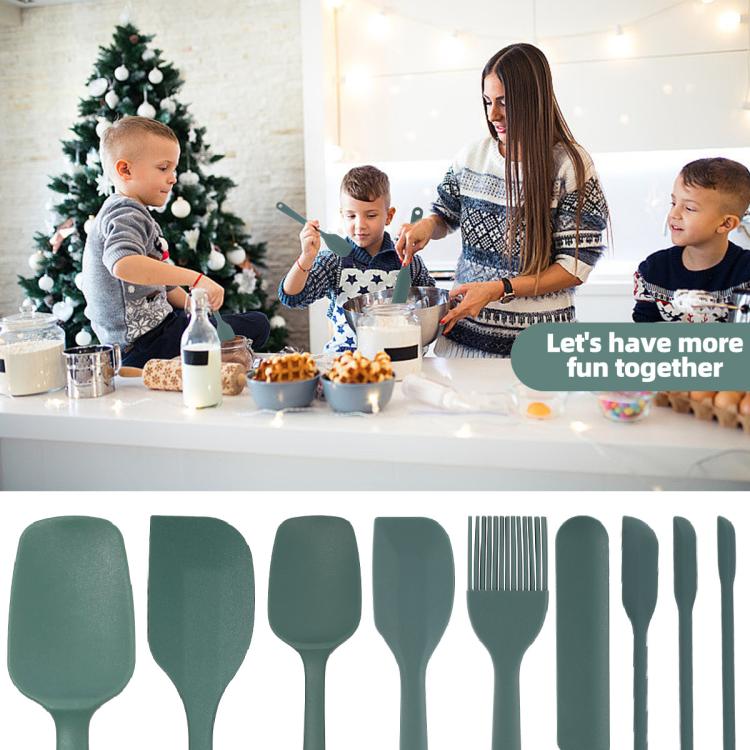 Green silicone baking tool set with spatula, ladle, and oil brush