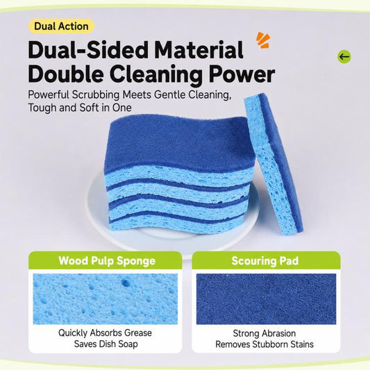 Dual-sided blue scouring sponge with dark scrub pad and lighter foam layer