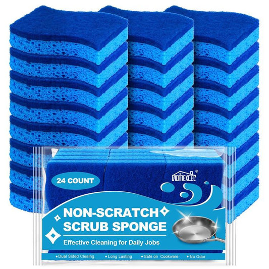 24-pack blue S-shaped scouring sponges, stacked wood-pulp scrub pads