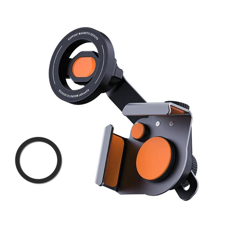 Orange-accent magnetic car phone mount with circular magnet plate and adjustable arm
