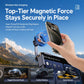Magnetic car phone mount with phone attached and hand pressing the magnet face