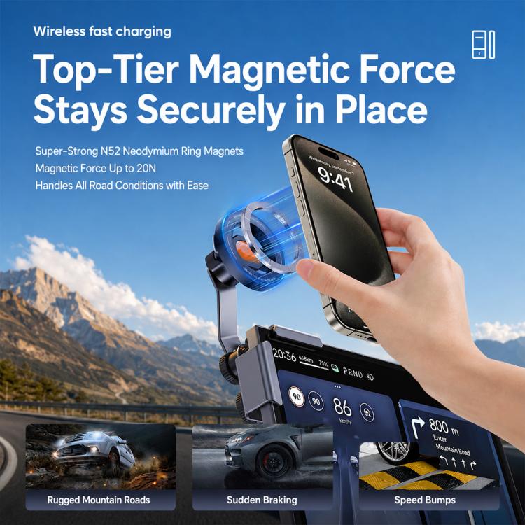 Magnetic car phone mount with phone attached and hand pressing the magnet face