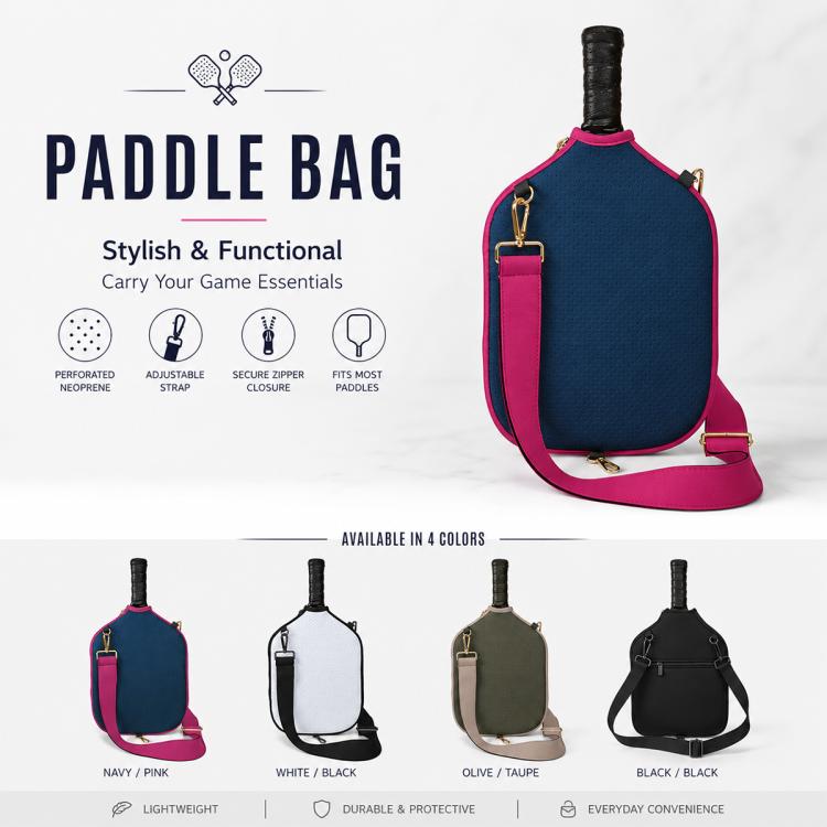 Navy blue neoprene paddle bag with magenta trim and single shoulder strap.