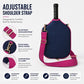 Navy blue neoprene paddle bag with adjustable magenta shoulder strap and metal hooks.