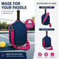 Navy blue neoprene paddle bag with magenta shoulder strap and secure zipper top.