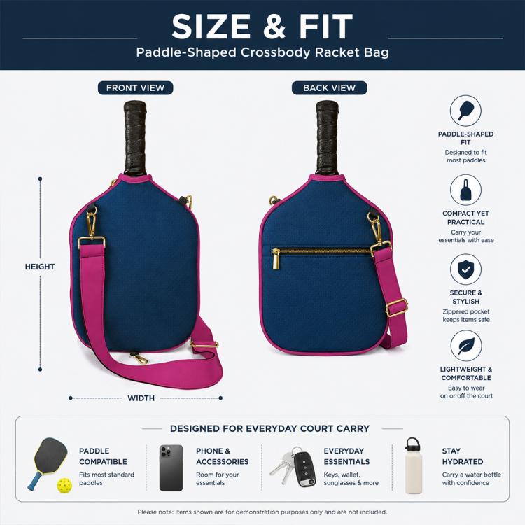 Navy paddle-shaped crossbody bag with magenta strap and front zip pocket