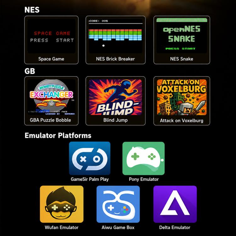 Pocket mobile game controller compatibility graphic with emulator platform icons